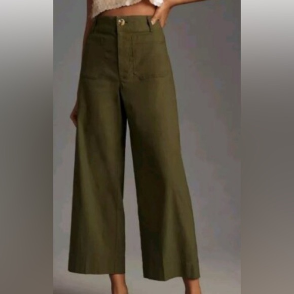 Anthropologie Maeve The Colette Wide Leg Pants Moss Green Linen Sz 33 - Picture 1 of 5